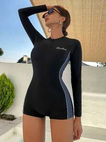 Mono deportivo de manga larga y pantalón corto con bloques de color para mujer, traje de baño casual para vacaciones - Negro - Ver 6