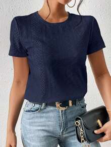 Camiseta blanca de cuello redondo con bordado de ojales, minimalista para ir a la oficina, estilo antiguo y sencillo - Azul marino - Ver 7