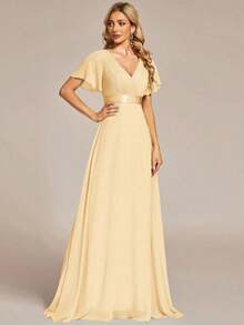 Vestido de dama de honor con cuello en V elegante, mangas con volantes y mariposa, color verde salvia, vestido de invitada de boda, vestido de primavera semi-formal para boda, fiesta de cumpleaños, graduación, Día de San Valentín - Amarillo - Ver 5