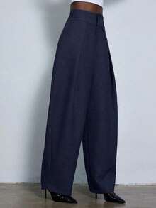Nuevos pantalones de traje de pierna ancha con pliegues sueltos y estilo casual para ir al trabajo - Azul - Ver 4