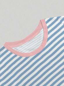 Camiseta de mujer de manga corta a rayas, diseño de cuello redondo suelto, lavable a máquina, adecuada para todas las estaciones, cómoda y linda, estilo retro. - Celeste - Ver 5