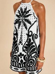Vestido corto holgado con hombros al descubierto y estampado tejido para mujeres para vacaciones - Blanco y Negro - Ver 2
