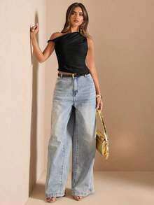 Blusa de verano para vacaciones en la playa, elegante, con hombros descubiertos y cuello asimétrico, para conciertos, actuaciones, festivales de música, conciertos, country, clubes, nuevos estilos sexy de primavera y verano - Negro - Ver 3