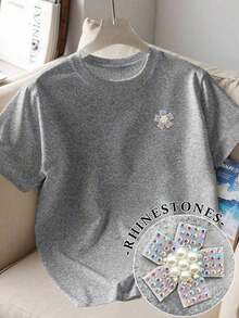 Camiseta de manga corta casual con cuello redondo, decorada con perlas falsas y rhinestones - Gris - Ver 5