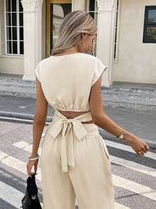 Conjunto de 2 piezas de blusa y pantalones con lazo en la espalda de unicolor para mujer, un conjunto de top holgado y pantalón de pierna ancha con lazos en la espalda, unicolor, elegante y casual, adecuado para el uso diario, primavera/verano - Albaricoque - Ver 3