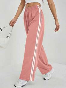 Pantalones casuales con rayas laterales negras, de estilo simple y de moda para uso diario, graduación, maestros y vuelta al colegio para mujeres - Rosa - Ver 10