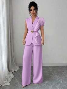 Traje formal elegante de mujer color albaricoque, conjunto de blazer con cuello de volantes de organza con lentejuelas y cintura con lazo, que incluye chaqueta sin mangas y pantalones rectos, color burdeos, adecuado para Halloween, Navidad, - Morado - Ver 3