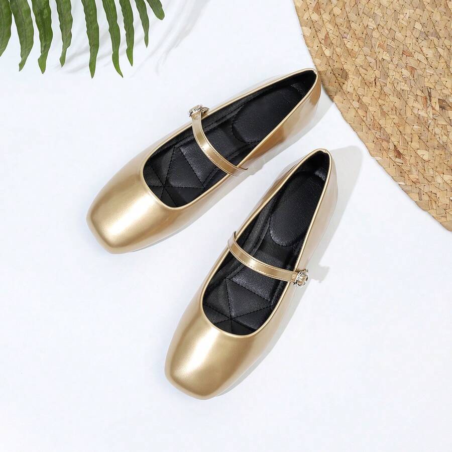 Sepatu Mary Jane Minimalis Ujung Persegi, Sepatu Wanita Serbaguna - Emas - View 1