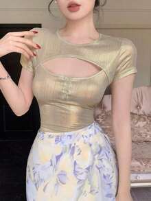 Camiseta de manga corta para mujer con abertura en la parte delantera, top sexy para salir, tops de verano, top corto para mujer - Champán - Ver 3
