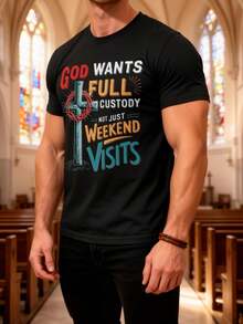 Men's Christian Faith T-Shirt - Religious Print T-Shirt "God Wants Full Custody, Not Just Weekend Visits" - Plus Size Casual T-Shirt, Suitable For Church, Daily Wear And Special Occasions, Church Clothing, Modern Fashion, Breathable Material, Short Sleeve T-Shirt - 黑色 - 查看 6