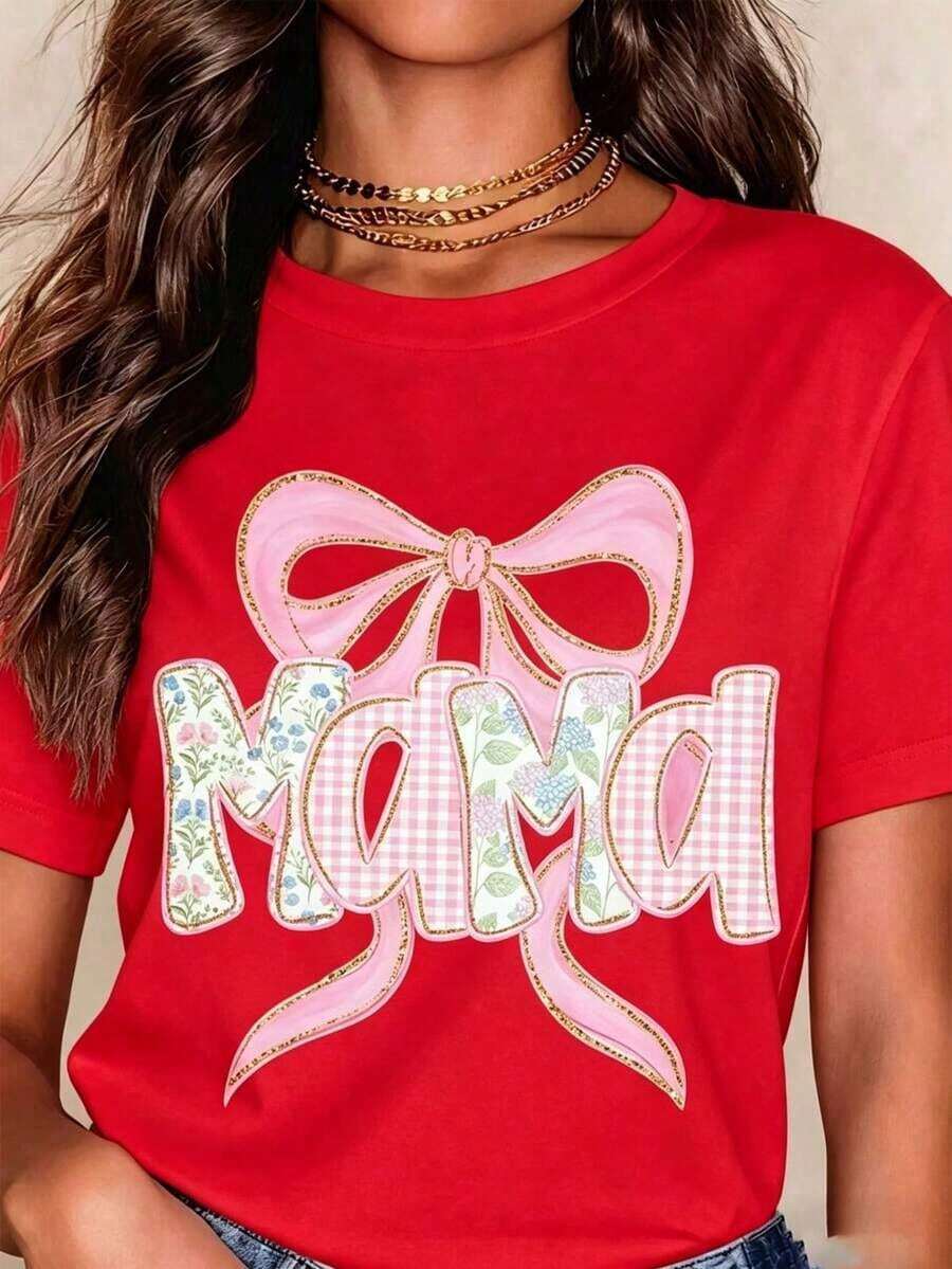 Camiseta con lazo de mamá para el Día de la Madre, diseño floral rosa, top casual para mujer, regalo para mamá, atuendos de Pascua para mujer, atuendos de regalo para el Día de la Madre, ropa de la Copa del Mundo, atuendo para el día del partido, camiseta oversize unisex de fútbol de EE. UU., atuendos de verano para mujer. Camiseta de algodón. - Rojo - Ver 1