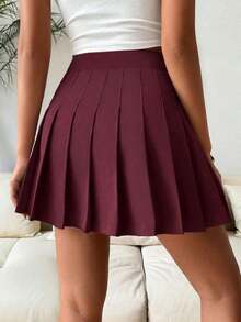 Falda pantalón casual de talle alto con pliegues y rayas para mujer - Burdeos 2 - Ver 2