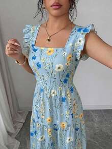 YHHElenzga Vestido de mujer con cuello cuadrado, cintura ceñida y mangas de campana, con estampado multicolor. Elegante y sofisticado, adecuado para el Día de San Valentín, Pascua, Carnaval, Día del Trabajo, regalos de cumpleaños, citas, fiestas, ocasiones formales, atuendos de maestro, viajes, primavera/veranoYHH - Multicolor - Ver 5