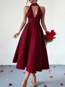 YHHVestido elegante para mujer, vestido halter con escote profundo en V y espalda descubierta con cinta de amarre, uso versátil, color vino tinto, atuendo de verano para fiestaYHH - Burdeos - Ver 1