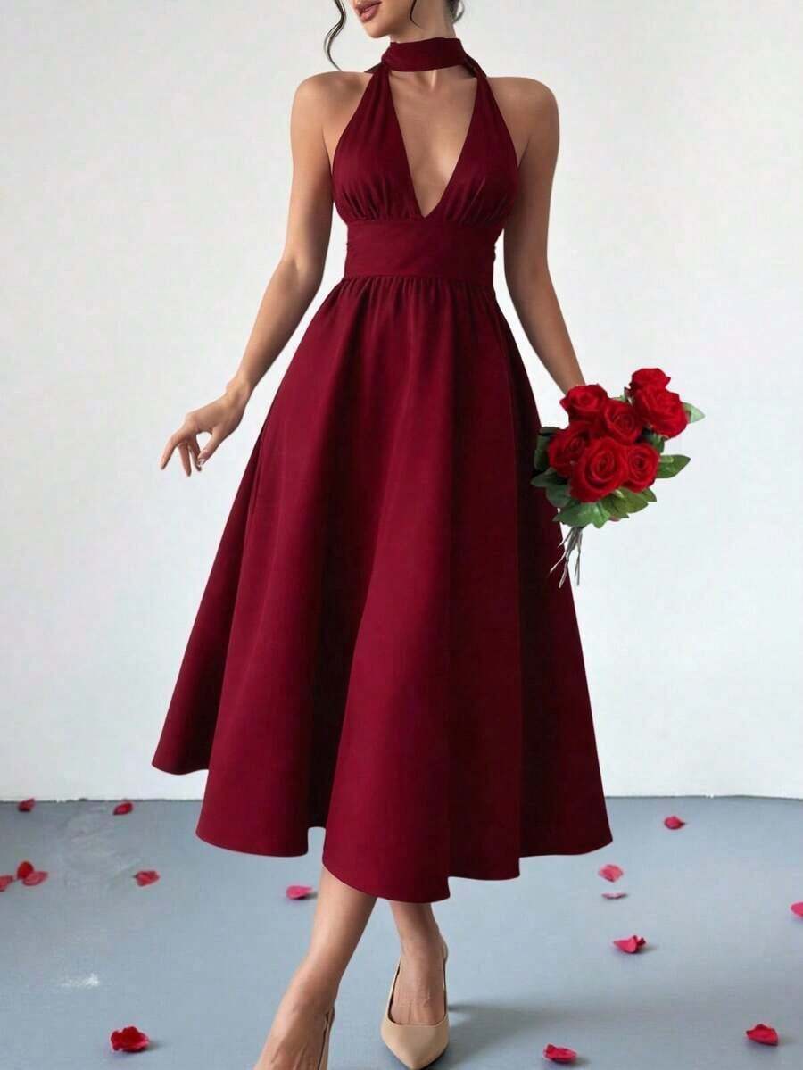 YHHVestido elegante para mujer, vestido halter con escote profundo en V y espalda descubierta con cinta de amarre, uso versátil, color vino tinto, atuendo de verano para fiestaYHH - Burdeos - Ver 1