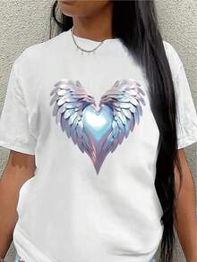 Polyester Short-Sleeved T-Shirt, Decorated With An Angel Wing And Heart Design, Lightweight And Durable, Suitable For Home, Cafes, Or Casual Outdoor Wear. Soft And Comfortable Fabric, Stylish Print Design, Versatile For Everyday Wear. Women's Shirts - 白色 - 查看 1