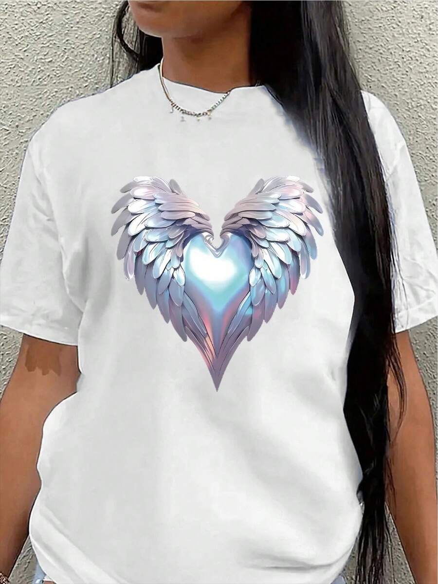Polyester Short-Sleeved T-Shirt, Decorated With An Angel Wing And Heart Design, Lightweight And Durable, Suitable For Home, Cafes, Or Casual Outdoor Wear. Soft And Comfortable Fabric, Stylish Print Design, Versatile For Everyday Wear. Women's Shirts - 白色 - 查看 1