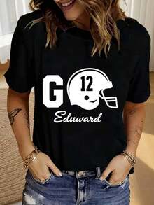 Camiseta Casual Personalizada para Mujer, Manga Corta, Estampado de Fútbol - Camiseta Casual de Manga Corta con Cuello Redondo, Lavable a Máquina y Cómoda para Todas las Temporadas, Camiseta Personalizada, Cómoda para Uso Diario, 100% Algodón, Duradera - Negro - Ver 7