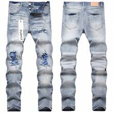 New Men Purple Jeans High Street Style Splash Paint Embroidery Ripped Patch Slim Fit Skinny Jeans Y2K Brand - 藍色 - 查看 1