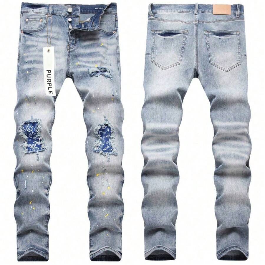 New Men Purple Jeans High Street Style Splash Paint Embroidery Ripped Patch Slim Fit Skinny Jeans Y2K Brand - 藍色 - 查看 1
