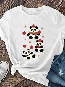 Women's T-Shirt With "Apple Panda" Print | Casual Short Sleeve T-Shirt, Soft And Breathable, Moderate Elasticity, Machine Washable, Round Neck, 100% Cotton, Women's T-Shirt - 白色 - 查看 3