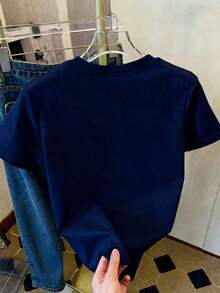 Camiseta de manga corta con cuello redondo para mujer, con estampado de perrito pasta, de alta elasticidad, estilo estándar italiano, cómoda y casual, adecuada para el verano, color blanco. - Azul Marino - Ver 2