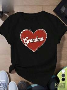 Algodón Camiseta Informal % Algodón Con Estampado De Corazón Abuela Para Mujer, Talla. Manga Corta, Suave, Cuello Redondo, Lavable Aáquina, Negra Con Diseño De Corazón Rojo.-Vintage Str - Negro - Ver 1