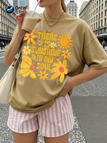 Camiseta de verano premium para mujer con estampado de girasoles, texto inspirador, estilo dopamina en amarillo cálido, 100% algodón, estilo casual de vacaciones de verano, cuello redondo y manga corta. - Rojo - Ver 6