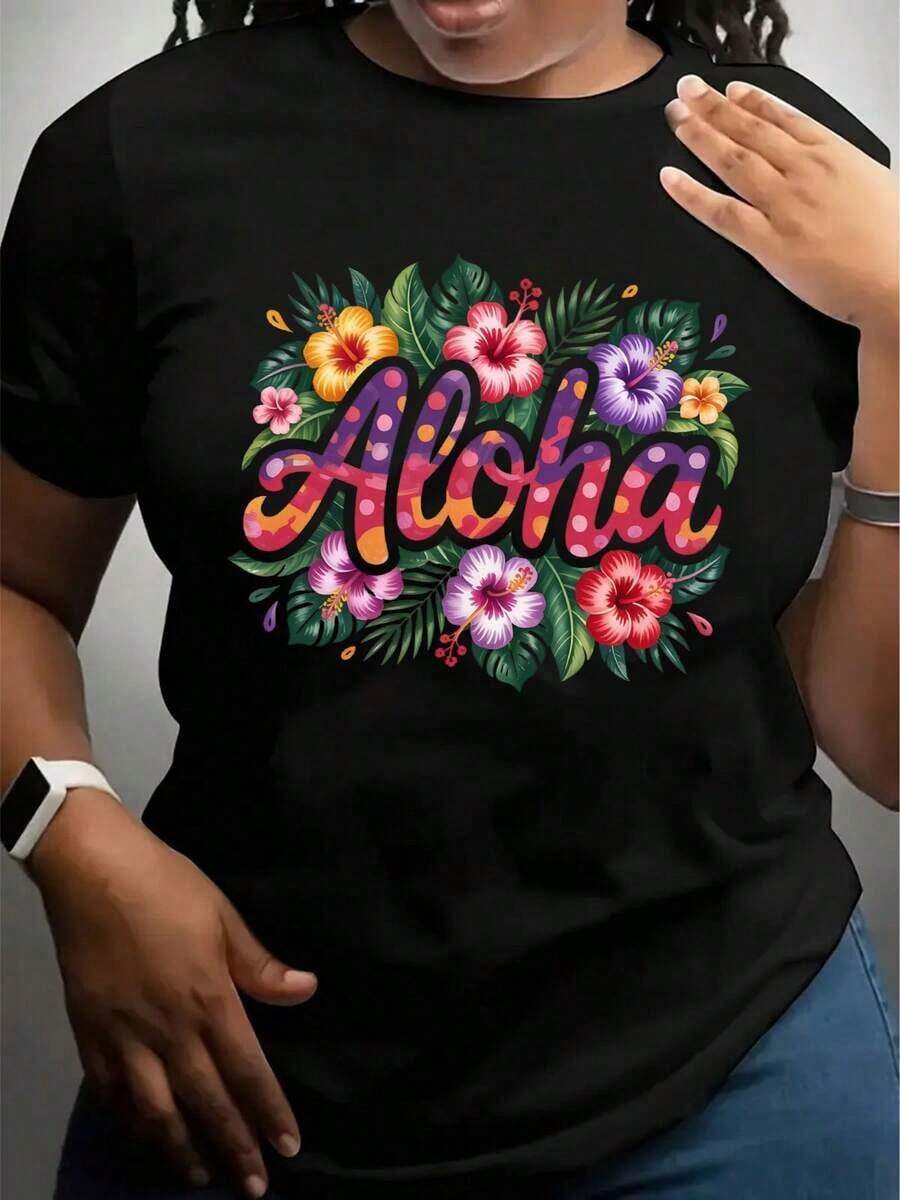 Camiseta con Estampado Floral Aloha para Mujer, Estilo Hawaiano, para Vacaciones de Verano en la Playa, Top Casual de Manga Corta con Diseño de Flores Tropicales, Camiseta para Mujer - Negro - Ver 1