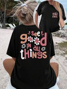 Vestido de Camiseta Relajado para Mujer con Cuello Redondo y Estampado Floral "See Good in All Things" - Ligero, Manga Corta 180gsm Ideal para Primavera y Verano - Negro - Ver 1