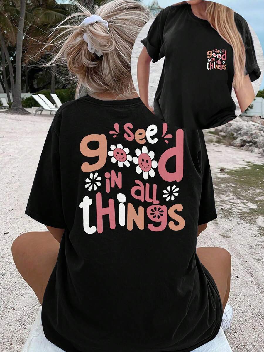 Vestido de Camiseta Relajado para Mujer con Cuello Redondo y Estampado Floral "See Good in All Things" - Ligero, Manga Corta 180gsm Ideal para Primavera y Verano - Negro - Ver 1