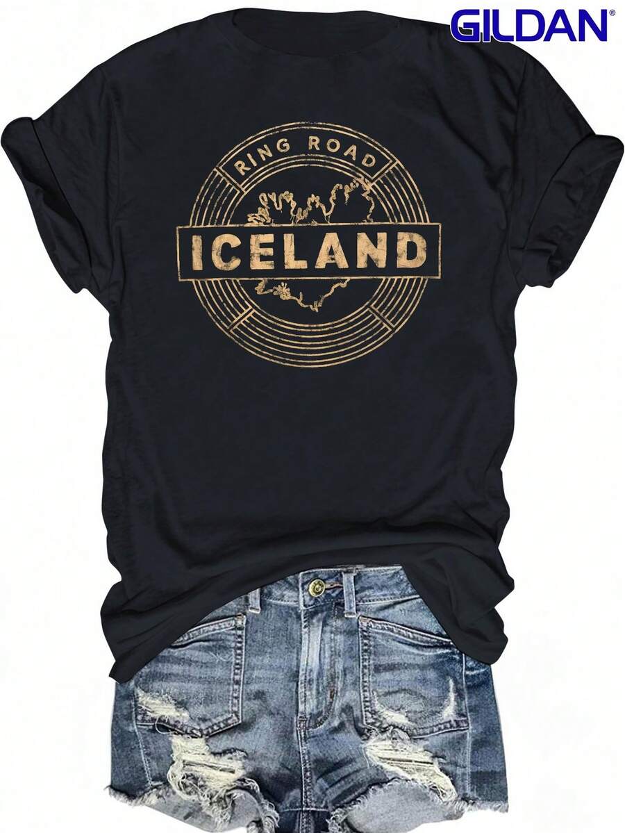 Una camiseta de mujer de manga corta, holgada, moderna, a la moda, retro y elegante, adecuada para actividades al aire libre en primavera y verano, la camiseta Gildan Women's Retro Icelandic Ring Road Pattern - una camiseta casual de manga corta con un diseño geométrico de mapa, cuello redondo y corte holgado, ideal para la comodidad en todas las estaciones y el uso diario.| Camiseta de cuello redondo|Camiseta de ajuste cómodo, camiseta para mujerblusas para mujer,blusas casuales para dama,tops,, mujer premium,y2k,playeras de mujer curvy,ofertas y liquidaciones ropa mujer,playeras deportivas para mujer,,playeras de hombre, mujer,blusas>elegante HDOB - Negro - Ver 1