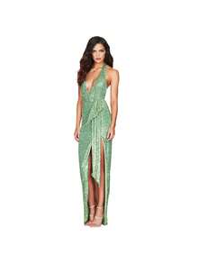 Emerald Green Sequined Women's Dress, Deep V-Neck Halter Neckline, High Side Slit, Elegant Maxi Design Ideal For Evening Parties, Graduations And Formal Winter Events, Glamorous Style Perfect For Celebrations And Elegant Dinners - 綠色 - 查看 2
