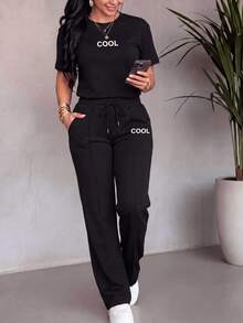 Spring/Autumn Plus Size Women's 2-Piece Set, Personalized Letter Print Crew Neck Short Sleeve T-Shirt With High Waist Drawstring Pants, Elegant Summer Style - Black - View 2