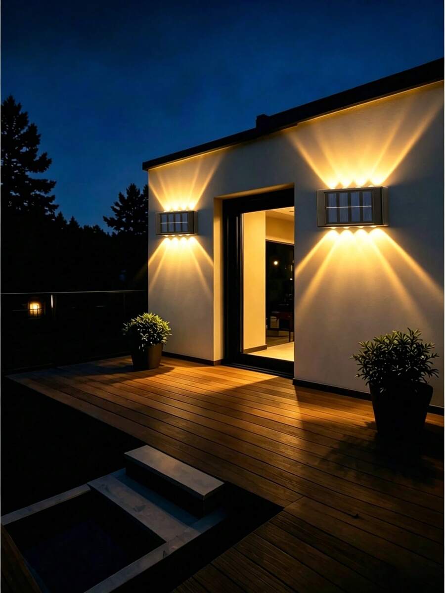 Bộ 1/2/4 đèn năng lượng mặt trời ngoài trời - Đèn tường 8 LED chiếu lên và xuống, đèn trang trí sân vườn, đèn hàng rào, đèn cầu thang, đèn hành lang, đèn âm sàn, dễ dàng lắp đặt bằng băng dính hai mặt hoặc vít, tùy chọn hai nhiệt độ màu (trắng lạnh/trắng ấm), thích hợp cho sân hiên, ban công, sân vườn, đường phố, cảnh quan, trang trí ban công, đèn sân vườn màu trắng ấm.
