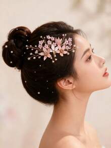 1 件浪漫水晶水钻珍珠发梳，适合女士参加派对、婚礼、庆典和日常佩戴 - 粉色 - 查看 4