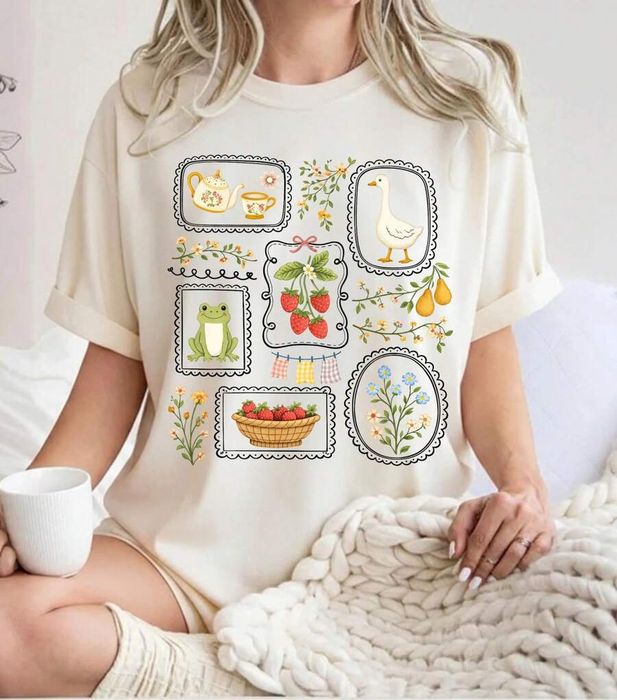 Cottagecore T-Shirt, Gardening T-Shirt, Goose T-Shirt, Spring Summer T-Shirt, Gift For Her, Frog T-Shirt, Gift For Mother, Comfortable And Soft To Wear, Cotton T-Shirt For Everyday Use. - 白色 - 查看 1