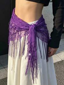 Women Belly Dance Sequin Tassel Hip Scarf Triangle Belt Wrap Skirts Music Festival Sheer Mesh Waist Chain - 紫色 - 查看 4