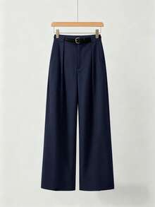 Mid-Waist Solid Color Elegant Straight Leg Pants With Belt Spring - Blue - View 3