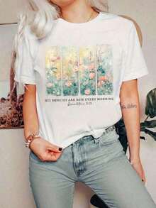 Women's Soft Cotton Graphic T-Shirt, Loose Fit, Watercolor Floral Print "His Mercies Are New", Breathable And Comfortable, Casual Crew Neck, Ideal For Everyday Wear, Cozy Style And Religiously Inspired Clothing - 白色 - 查看 6