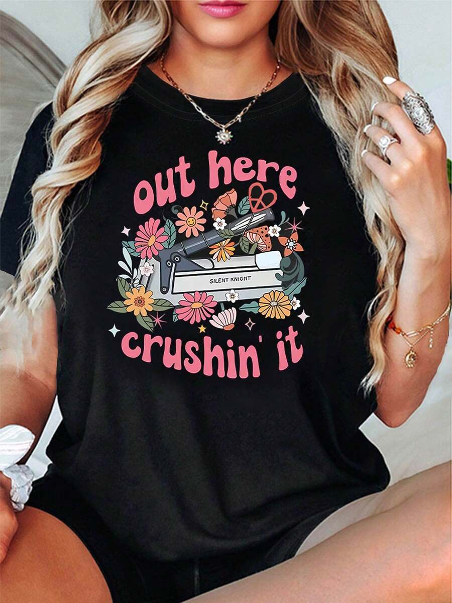 Women's Tops, Women's T-Shirts, Mother's Day, Casual Blouses For Women, Women's Tops, 2000s Style. This Women's T-Shirt Features A Floral Print, Perfect For The Office, Commuting, Or Creative Activities. It Has A Retro And Energetic Style With Short Sleeves, Ideal For A Professional Setting. - 黑色 - 查看 1