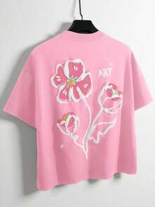 Manfinity Men's T-Shirt With Embossed Floral Print, Urban Style. Suitable For Outdoor Activities, Music Festivals, And Casual Outings. Great Gift For Boyfriend/Husband, Anniversary, Or Any Occasion. Black Short Sleeves. - 糖果粉紅色 - 查看 8