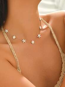 Collar de acero inoxidable con concha y estrella de mar, diseño único, estilo oceánico, adecuado para la playa, vacaciones, uso diario, citas - Dorado - Ver 3