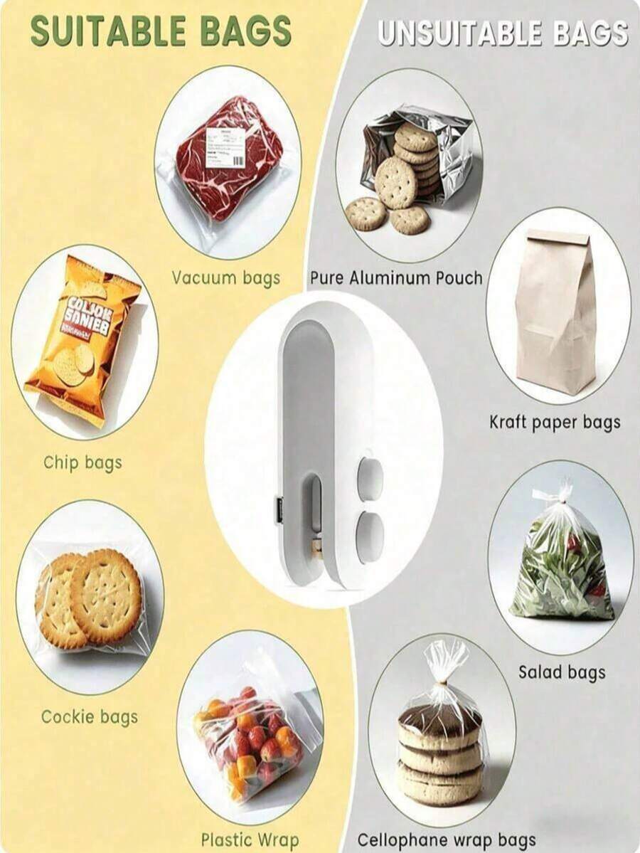 1 Food Packaging Bag Sealing Machine, Built-In Magnetic USB Rechargeable Battery, Portable Mini Heat Sealing Machine, Suitable For Picnics And Travel, Manual Plastic Bag Sealing Machine, Potato Chip Bag, Biscuit Bag, Snack Bag