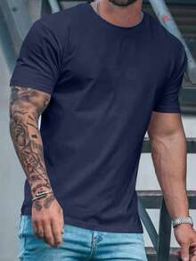 SUPEKYKO Plus Size Men's Sports T-Shirt, Loose Fit Fitness Training Short Sleeve Top, Suitable For All Seasons, Sports, Home, Daily Wear Summer - Navy Blue - View 3