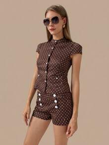HZXVIC Damen neuer süßer Polka Dot Kurzarm Knopfoberteil + Polka Dot Shorts mit hoher Taille Set, elegant für den Sommer - Braun - Übersicht 6