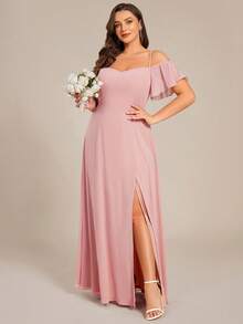 EVERPRETTY Plus Size Elegant Romantic Alluring Off-Shoulder Pink Bridesmaid Dress, Suitable For Summer Wedding Guest, Valentine's Day Party - Pink - View 5
