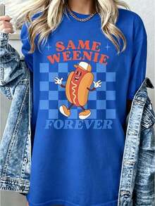 Camisetas Premium Casuales Unisex Lindas - Camiseta Divertida para Fiesta de Solteras para Mujer - Camiseta con Gráfico de Hotdog 'Same Weenie Forever' - Camiseta Retro Vintage de los 90s Y2K - Top Suave de Cuello Redondo para Conjuntos de Fiesta de Solteras, Disfraces de Halloween - Ropa Casual de Verano y Otoño Lavable a Máquina - Regalo Divertido para Mujeres, Decoraciones para Fiesta de Solteras, Diseño Divertido, Ajuste Cómodo, Ropa Novedosa, Ropa con Humor, Material Transpirable, Camiseta de Manga Corta, Mujer, Tops de Verano, Ropa de Verano, Conjuntos de Pascua para Mujer. Ropa para el Día de San Patricio, Camiseta Gráfica Divertida de Talla Grande para Mujer. - Azul - Ver 1