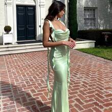 Vestido largo con tirantes de encaje, espalda descubierta, volantes y cintas flotantes estilo - Verde - Ver 10
