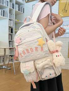 Mochila con colgante de peluche de estrella linda, mochila bordada de estilo femenino, mochila de gran capacidad para estudiantes de secundaria/preparatoria - Multicolor - Ver 3